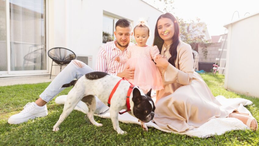 family with kids and pets in villa